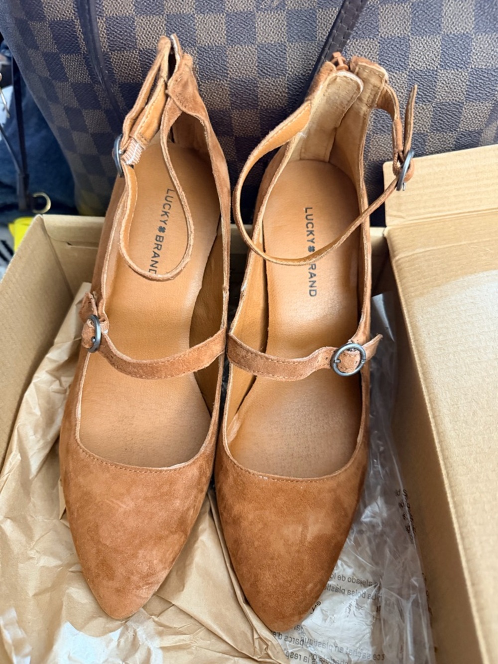 Lucky Brand Tan Suede Pointed Mary Jane Heels with Ankle Strap
